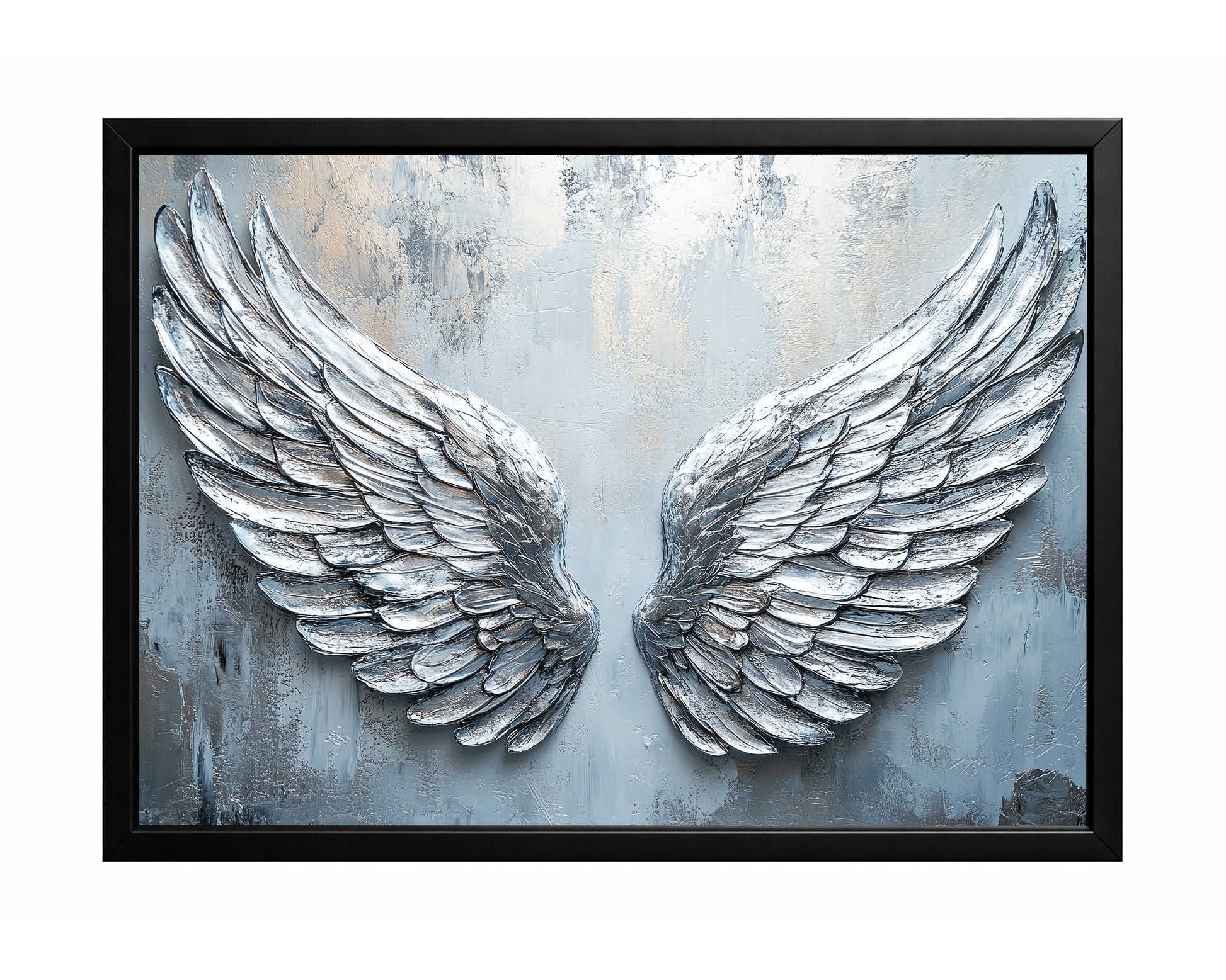 Silver angel wings wall art with detailed layered feathers on a cool gray and blue textured background