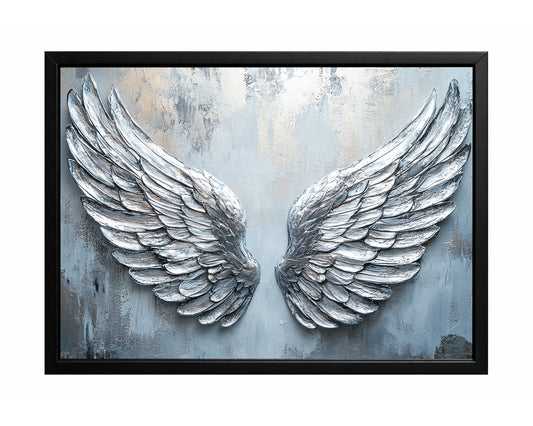 Silver angel wings wall art with detailed layered feathers on a cool gray and blue textured background