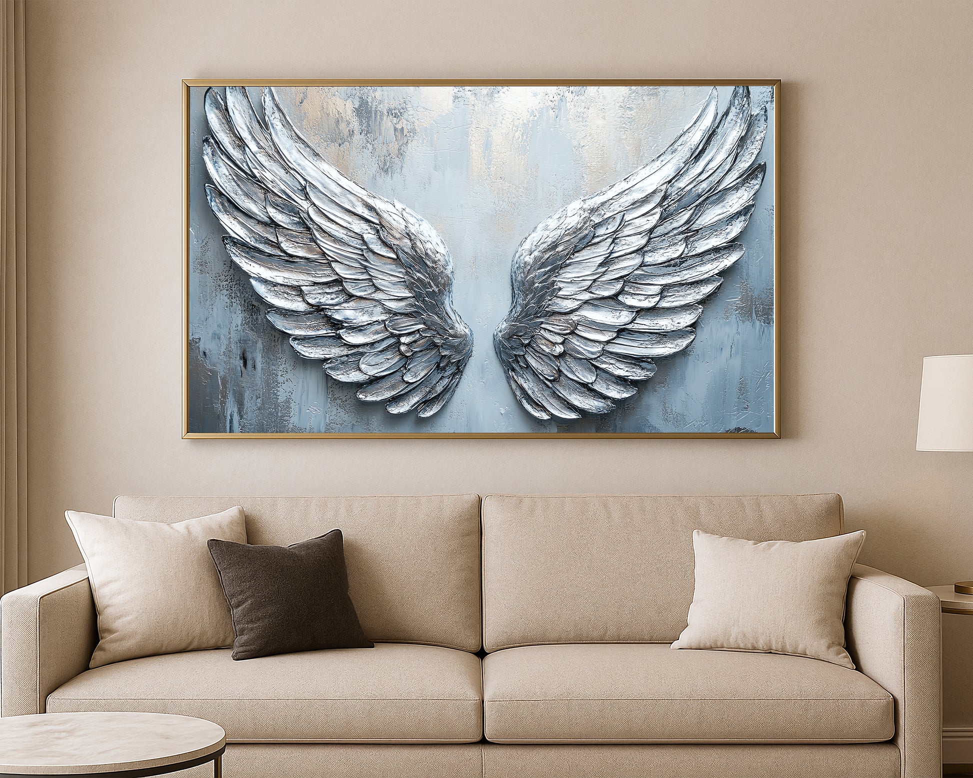 Modern angel wings wall decor with sculptural feather detail in soft gray, white, and blue tones