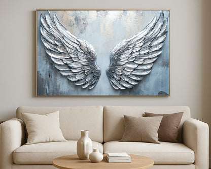Contemporary abstract wings artwork with elegant silver feather forms on a painterly neutral backdrop