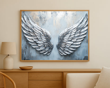 Serene wing wall art featuring two silver angel wings in a refined textured composition