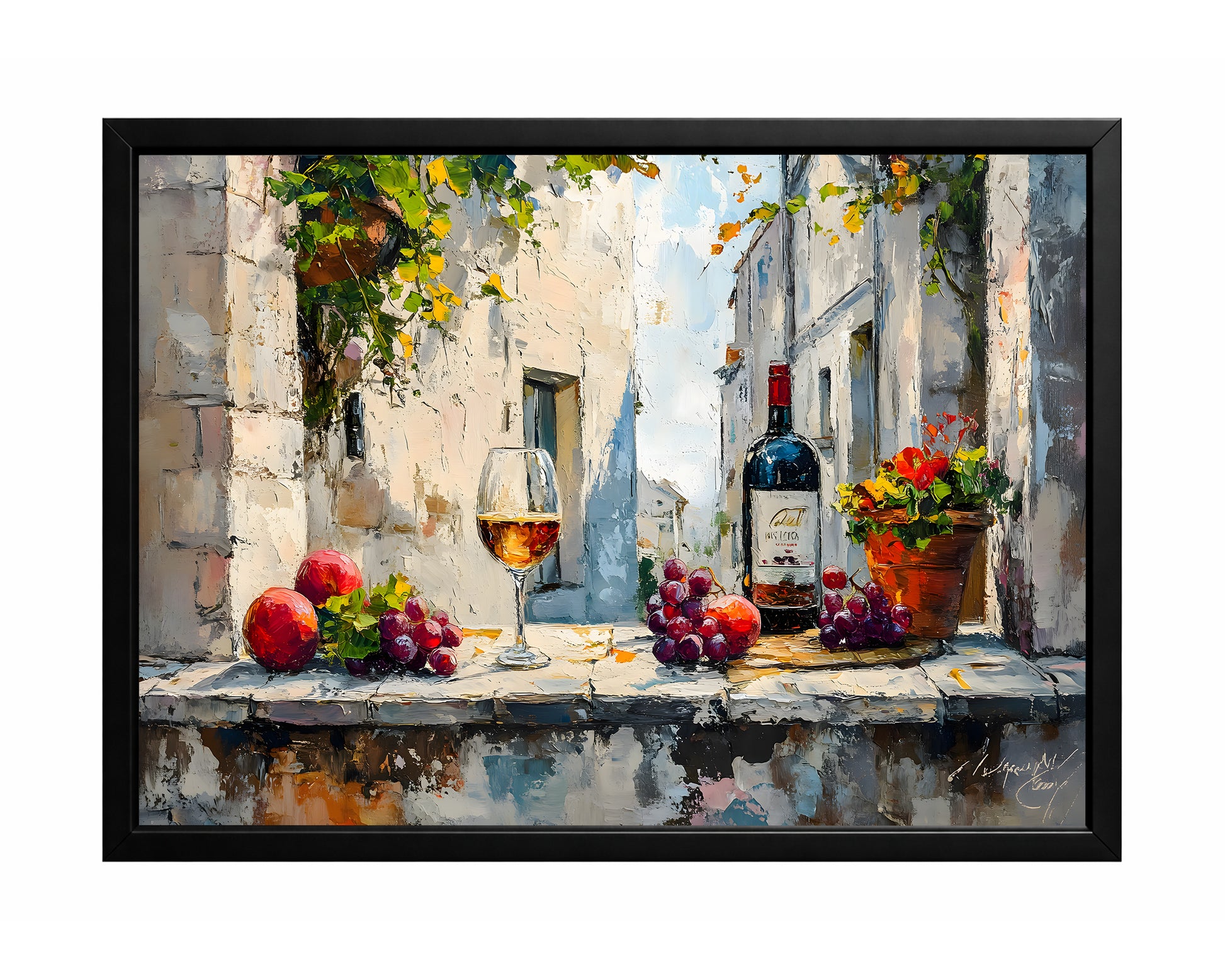 Wine still life wall art with a red wine bottle, wine glass, grapes, and fruit on a sunlit stone ledge