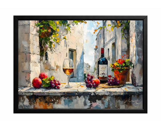 Wine still life wall art with a red wine bottle, wine glass, grapes, and fruit on a sunlit stone ledge
