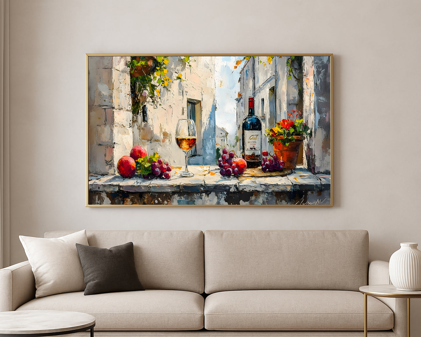 Textured still life artwork featuring wine, grapes, apples, and flowers in a rustic Mediterranean alley scene
