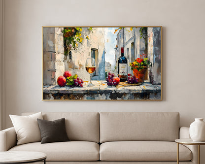 Textured still life artwork featuring wine, grapes, apples, and flowers in a rustic Mediterranean alley scene