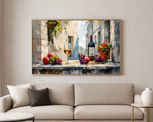 Textured still life artwork featuring wine, grapes, apples, and flowers in a rustic Mediterranean alley scene