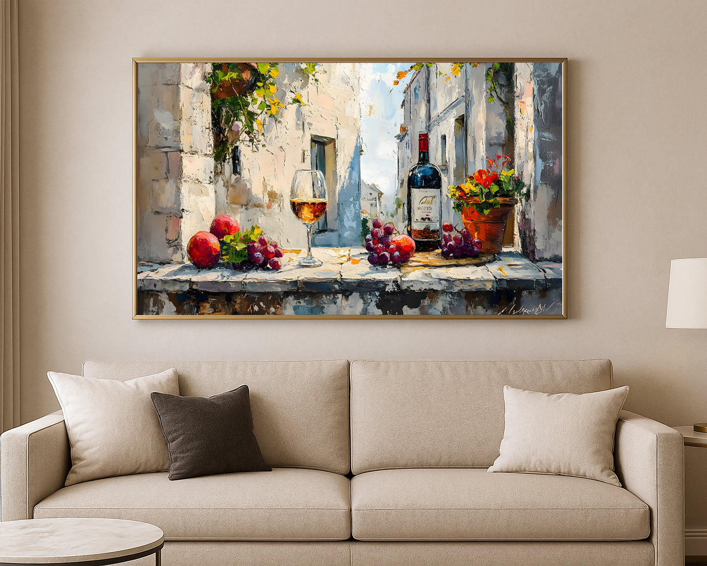 Kitchen wall art print with a bottle of wine, filled glass, and fruit arranged in warm painterly tones