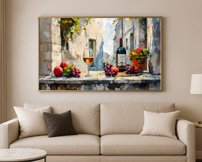 Kitchen wall art print with a bottle of wine, filled glass, and fruit arranged in warm painterly tones