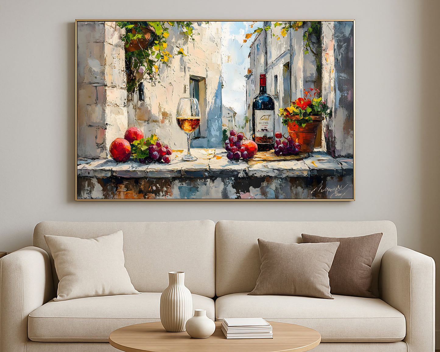 Rustic dining room wall decor with wine, grapes, and floral accents against a light stone architectural backdrop