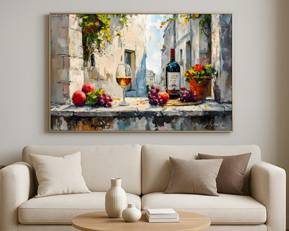 Rustic dining room wall decor with wine, grapes, and floral accents against a light stone architectural backdrop
