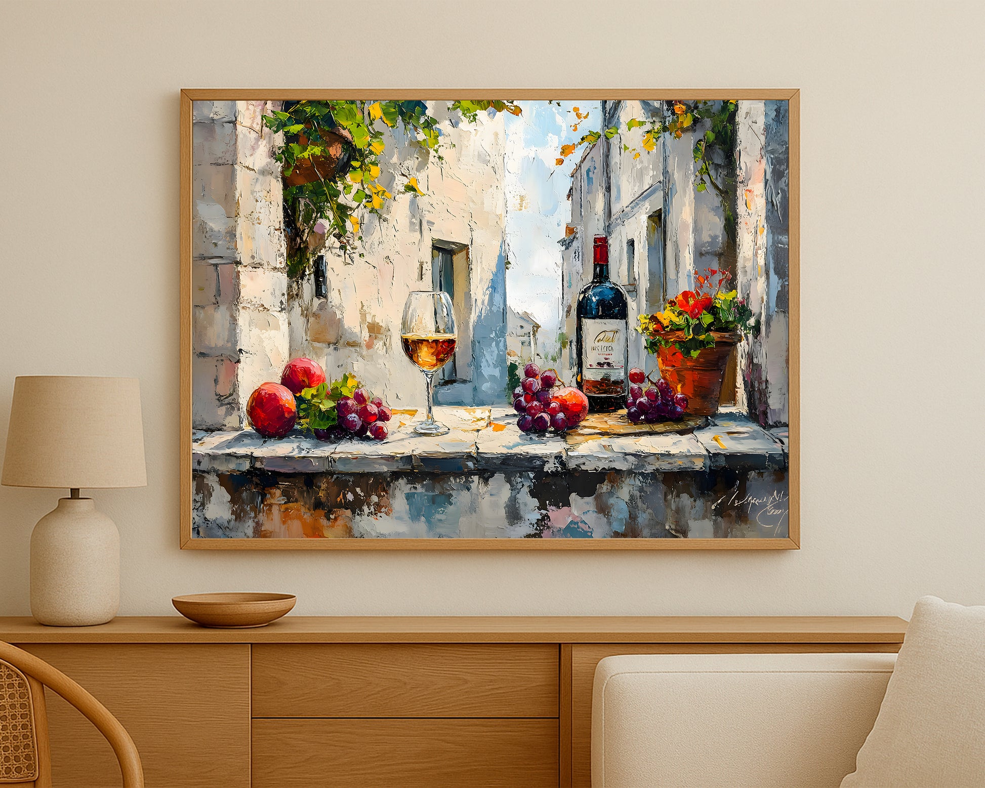 Mediterranean-inspired still life artwork with expressive brushwork, warm colors, and a refined wine setting