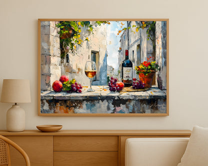 Mediterranean-inspired still life artwork with expressive brushwork, warm colors, and a refined wine setting