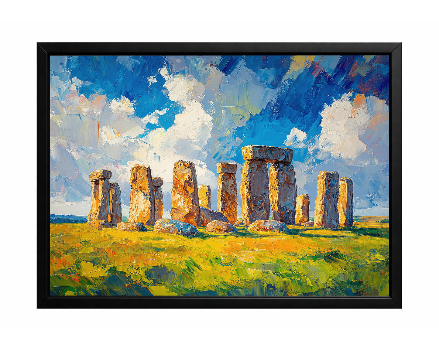 Stonehenge landscape wall art with ancient standing stones in a vivid green field beneath a bright blue sky
