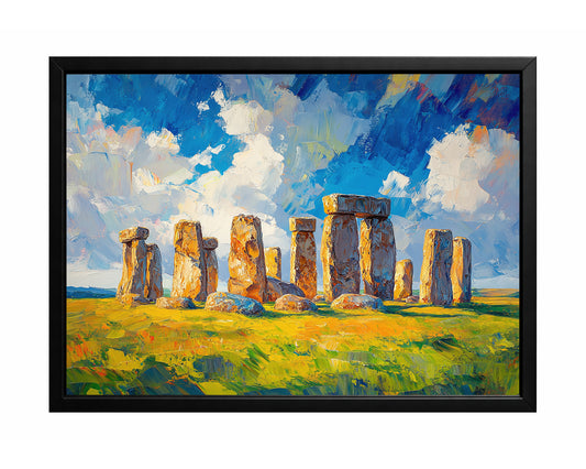 Stonehenge landscape wall art with ancient standing stones in a vivid green field beneath a bright blue sky