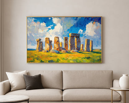Textured landmark artwork featuring Stonehenge with golden stone tones and large painterly white clouds