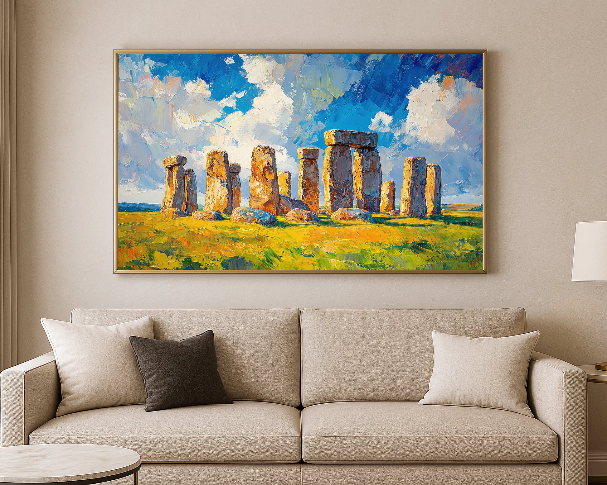 Scenic wall art print showing Stonehenge in a colorful countryside setting with expressive brushwork