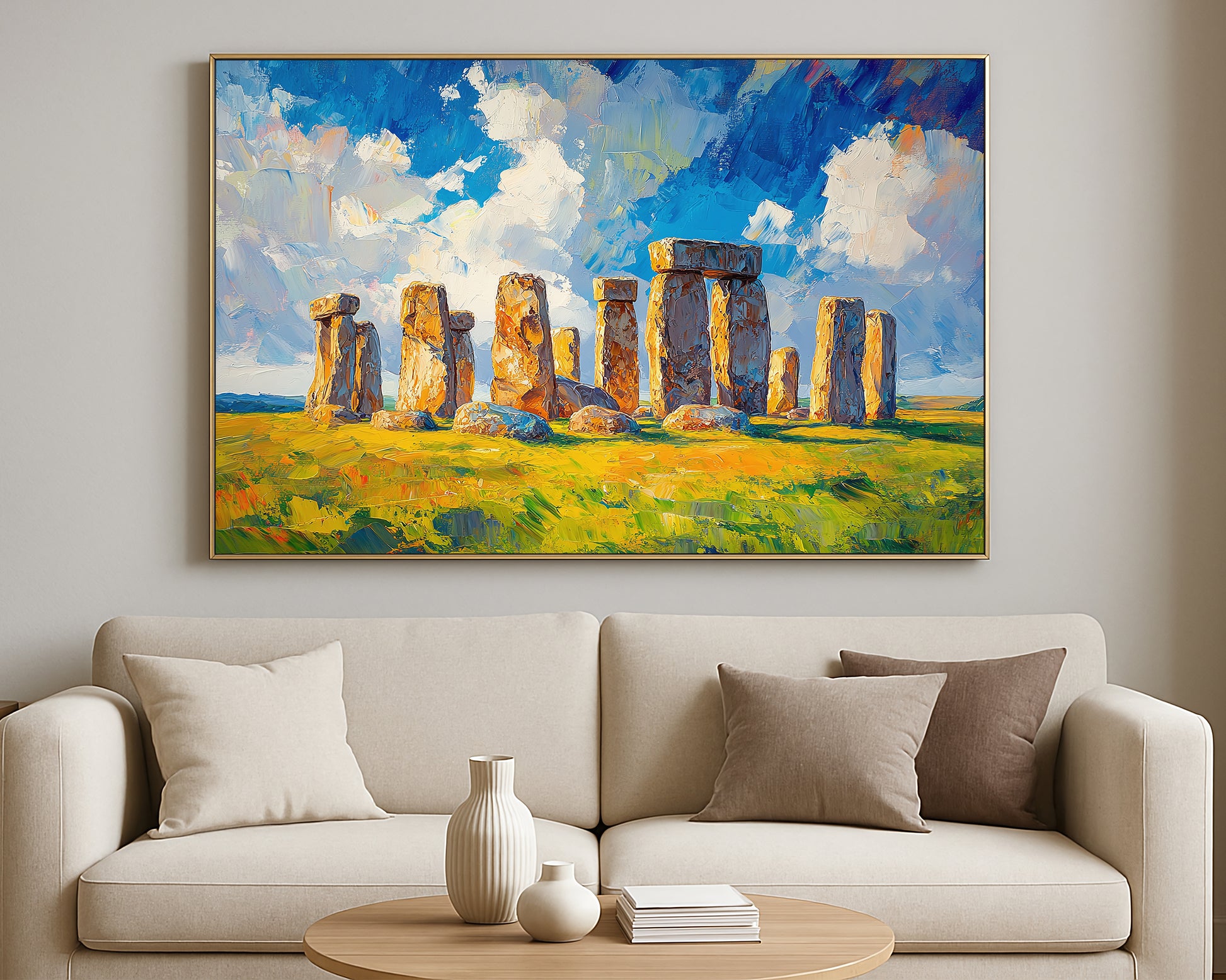 Travel-inspired architectural landscape artwork with historic stone monuments, green grass, and dramatic sky