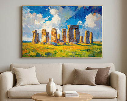 Travel-inspired architectural landscape artwork with historic stone monuments, green grass, and dramatic sky