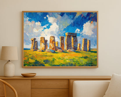 Contemporary wall decor featuring Stonehenge in a bright natural landscape with blue, green, and gold tones