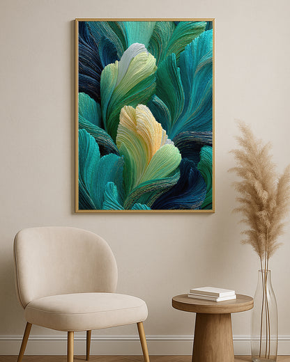 Vibrant botanical abstract print featuring layered leaf-like forms in teal, green, turquoise, and ivory tones.