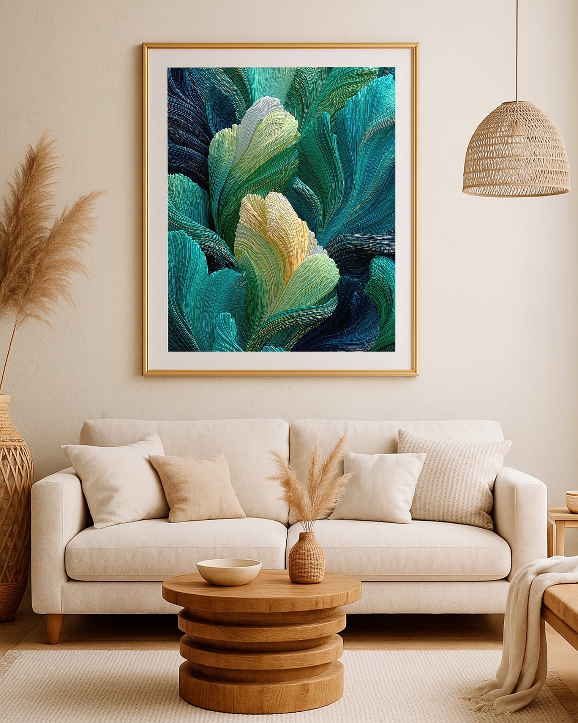 Emerald green leaf wall art with ribbed texture, deep navy shadows, and subtle gold accents.