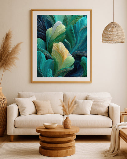 Emerald green leaf wall art with ribbed texture, deep navy shadows, and subtle gold accents.