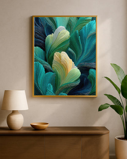 Modern botanical artwork showing sculptural teal leaves with luminous ivory center petals and rich texture.
