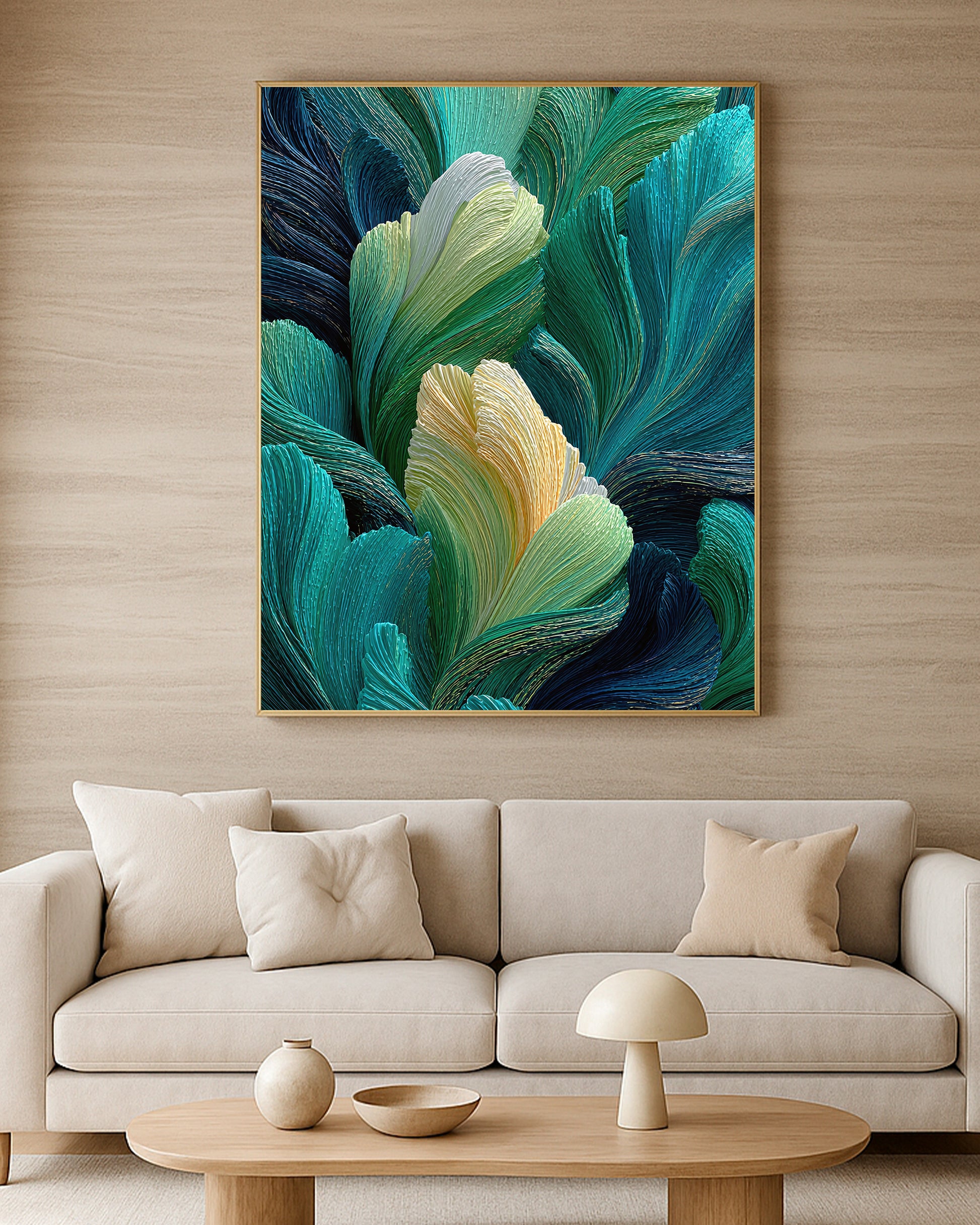 Tropical-inspired green wall art with layered botanical forms, blue-green tones, and elegant gold highlights.