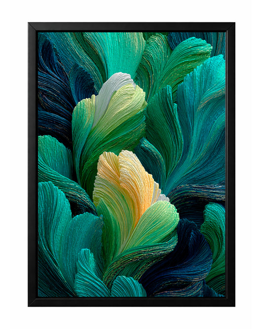 Teal botanical leaves wall art with emerald green, navy, ivory, and soft gold textured details.