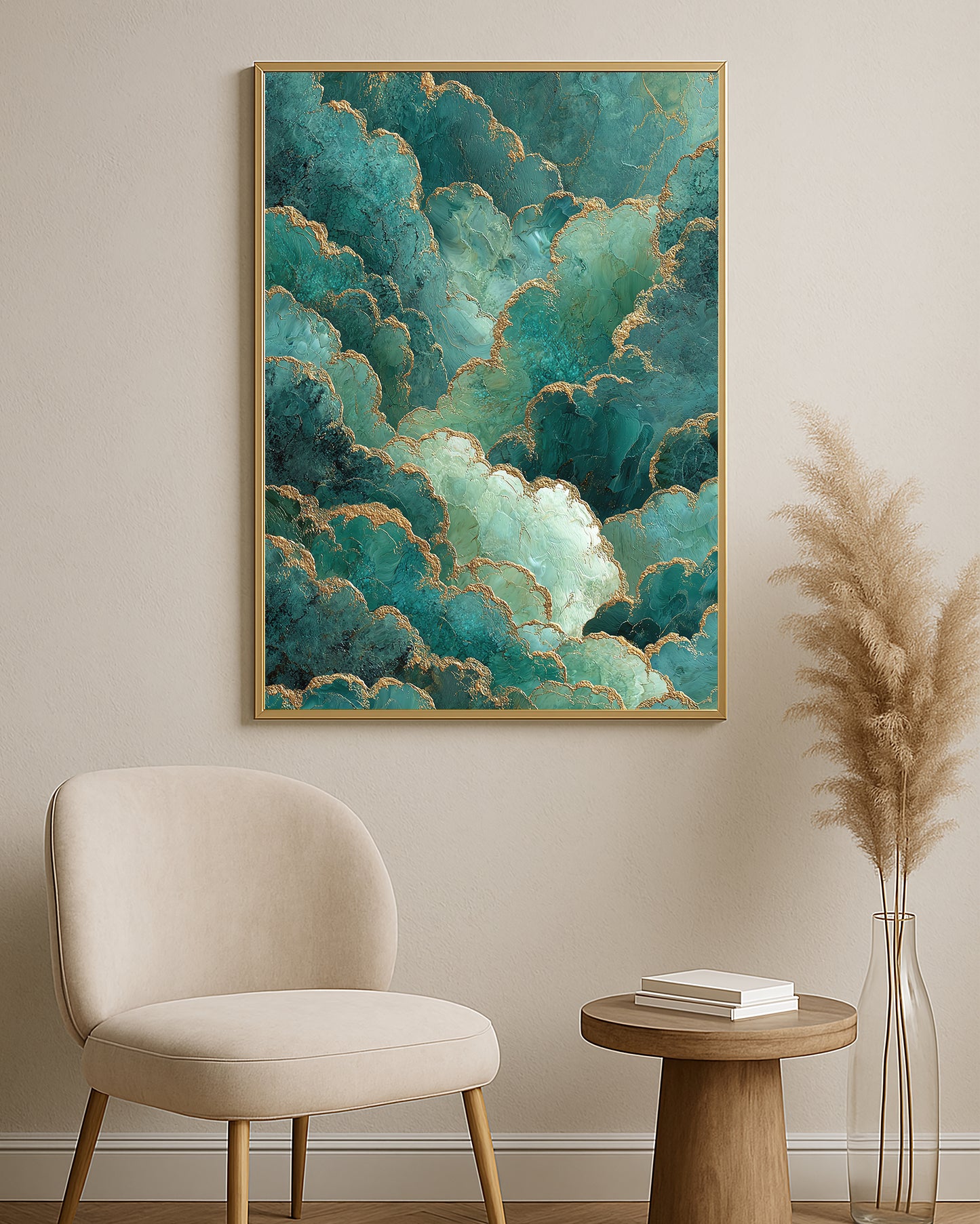 Modern teal wall art with mint and turquoise abstract clouds, textured surface, and refined gold edging.