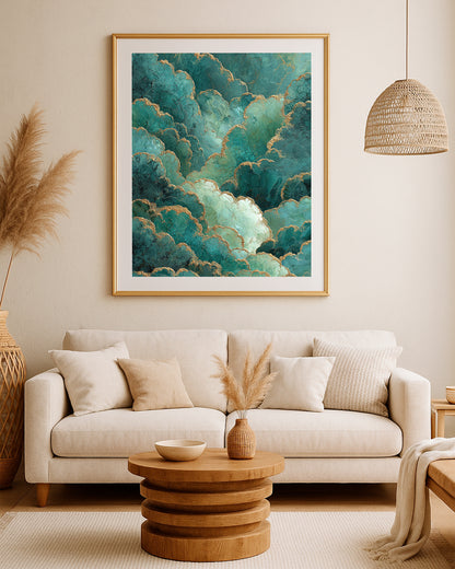 Jewel-toned abstract artwork showing layered teal formations with luminous mint highlights and gold detail.