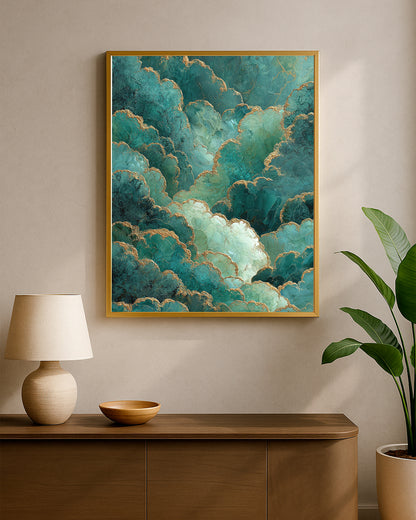 Calm green abstract wall art with cloud-like shapes, teal texture, turquoise tones, and elegant gold accents.