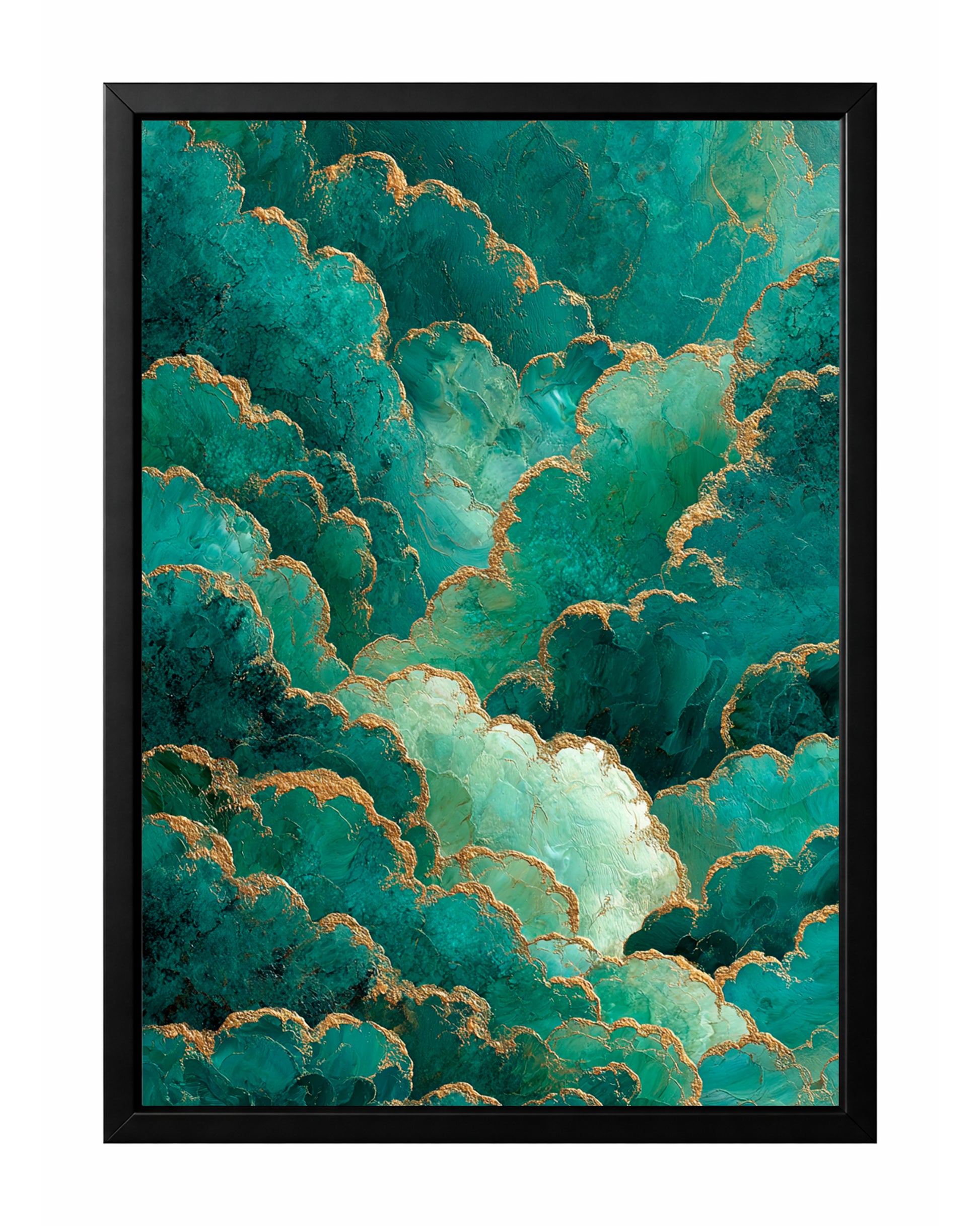 Teal gold cloud abstract wall art with turquoise, mint, emerald, and warm metallic-style textured outlines.