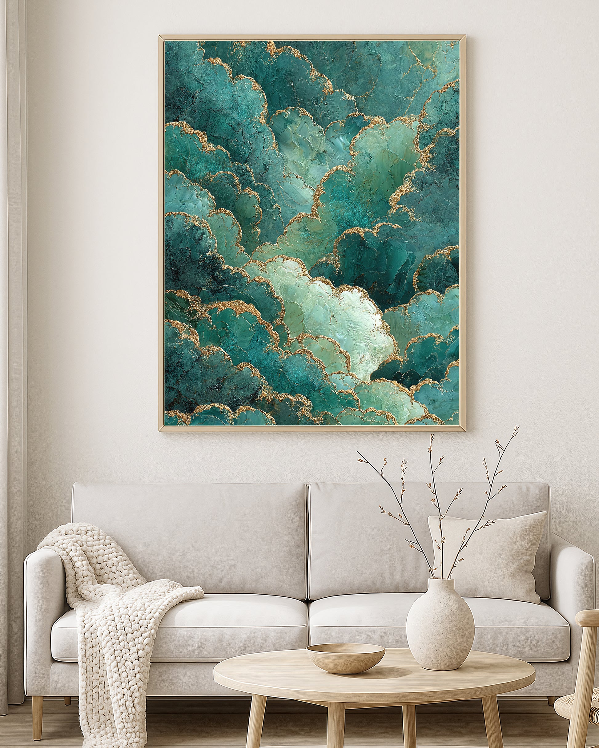 Organic abstract print featuring layered cloud-like green forms with gold accents and soft atmospheric depth.