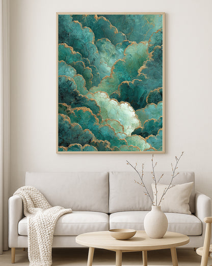 Organic abstract print featuring layered cloud-like green forms with gold accents and soft atmospheric depth.