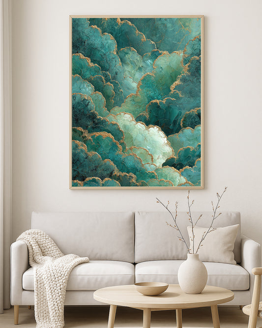 Organic abstract print featuring layered cloud-like green forms with gold accents and soft atmospheric depth.