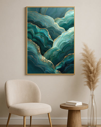 Modern abstract print featuring flowing teal, aqua, and emerald layers with delicate gold line details.