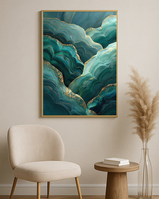 Modern abstract print featuring flowing teal, aqua, and emerald layers with delicate gold line details.