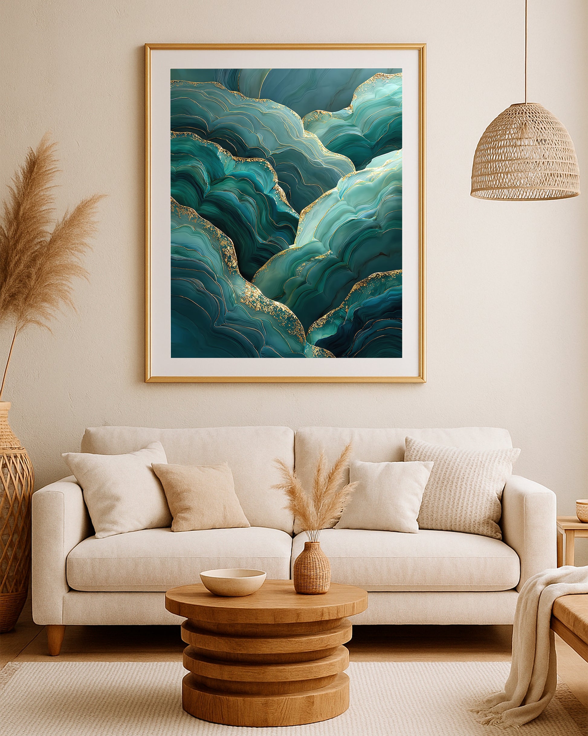 Emerald abstract wall art with mineral-like green shapes, soft depth, and luminous gold accents.