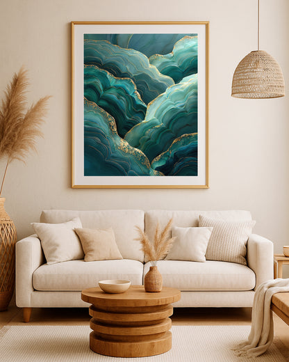 Emerald abstract wall art with mineral-like green shapes, soft depth, and luminous gold accents.