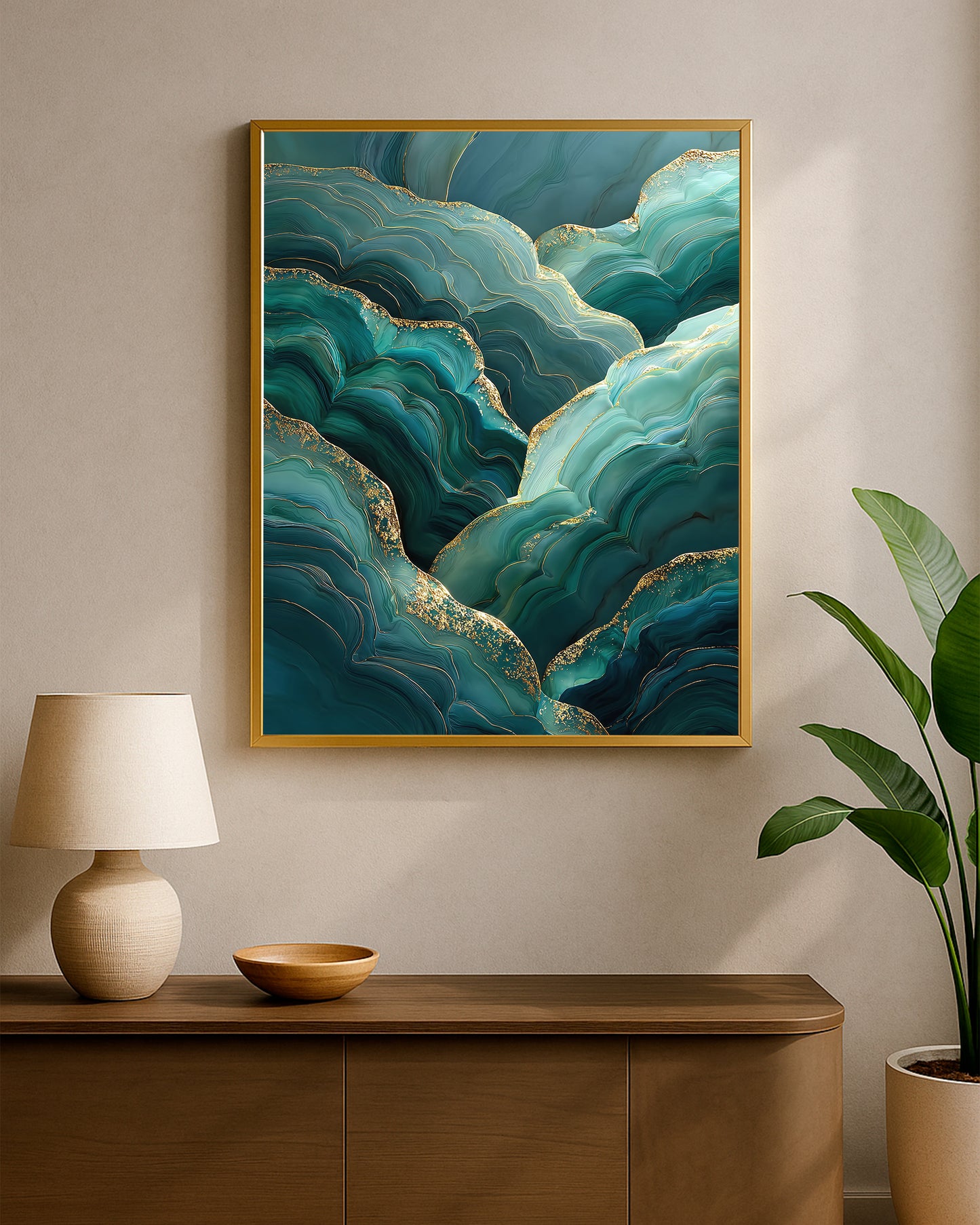 Organic teal abstract artwork with layered wave forms, aqua highlights, and metallic-style gold edges.