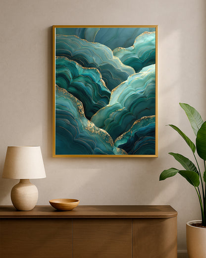 Organic teal abstract artwork with layered wave forms, aqua highlights, and metallic-style gold edges.