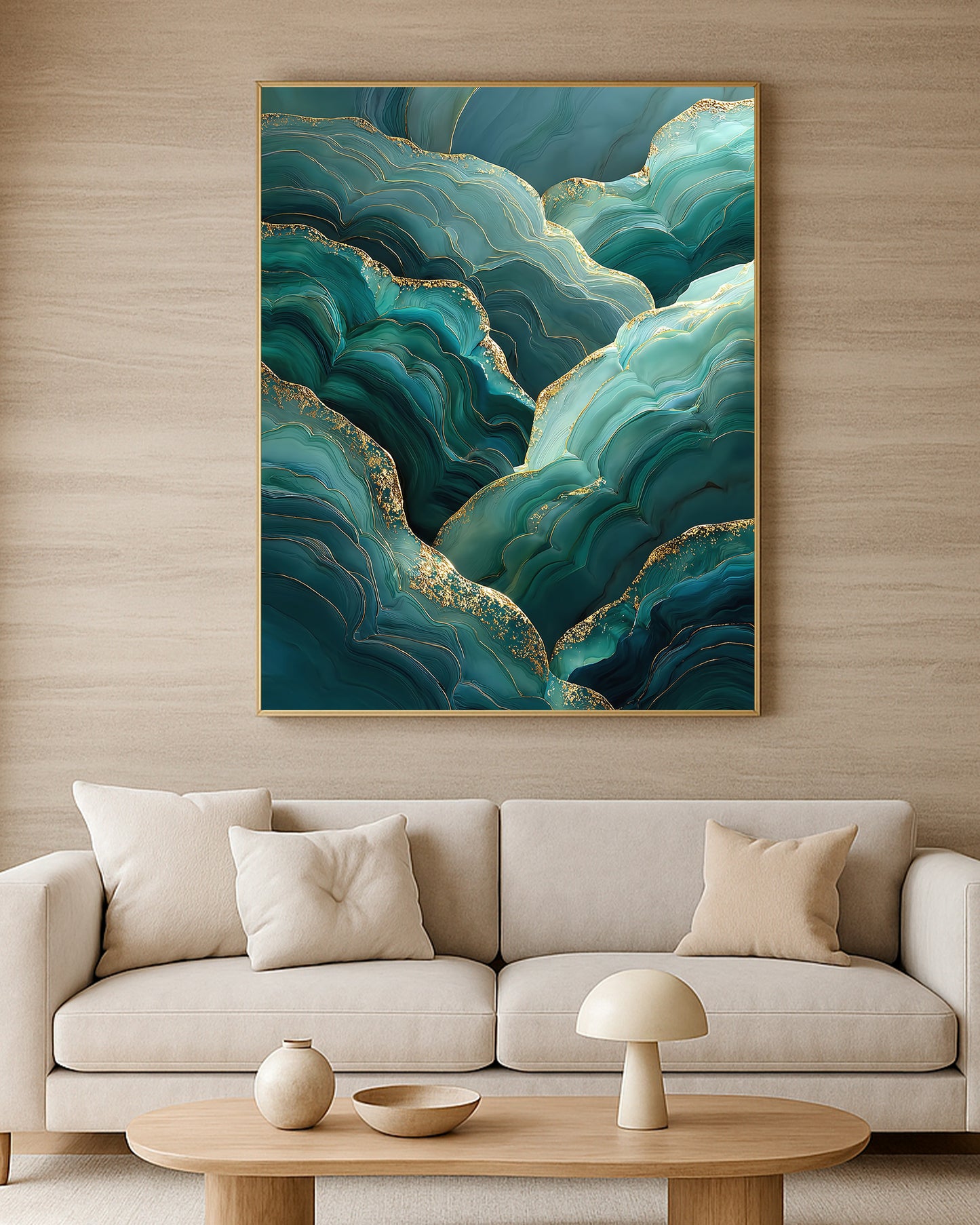 Luxury green abstract print with deep emerald tones, flowing texture, and fine gold contour movement.