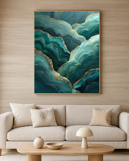 Luxury green abstract print with deep emerald tones, flowing texture, and fine gold contour movement.