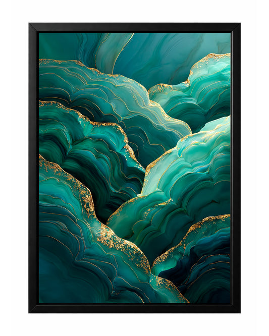 Teal green gold abstract wall art with layered emerald forms, organic texture, and refined gold contour accents.