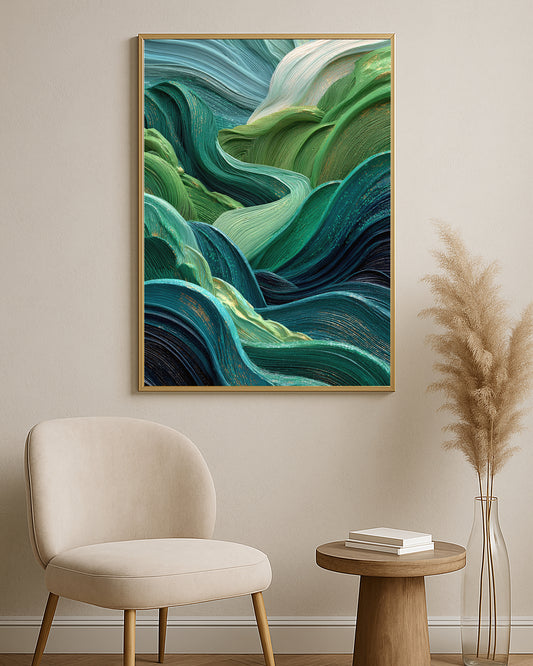 Organic abstract print featuring layered wave-like forms in teal, emerald green, aqua, and deep navy tones.
