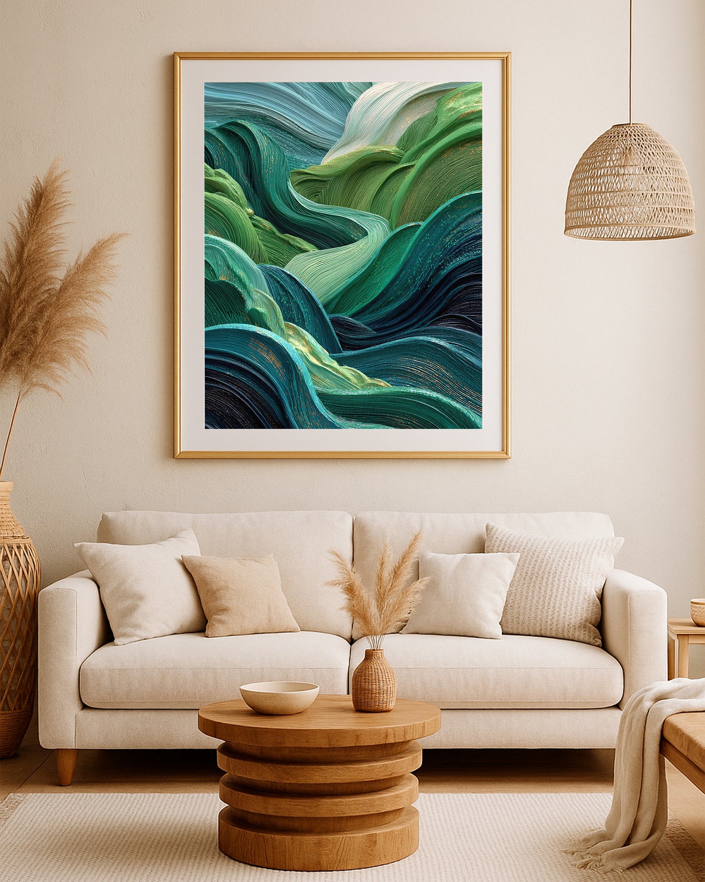 Modern teal abstract artwork with sculptural flowing texture, ivory highlights, and refined gold accents.