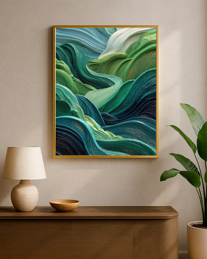 Jewel-toned wall art showing layered green and blue forms with ribbed texture and soft organic movement.