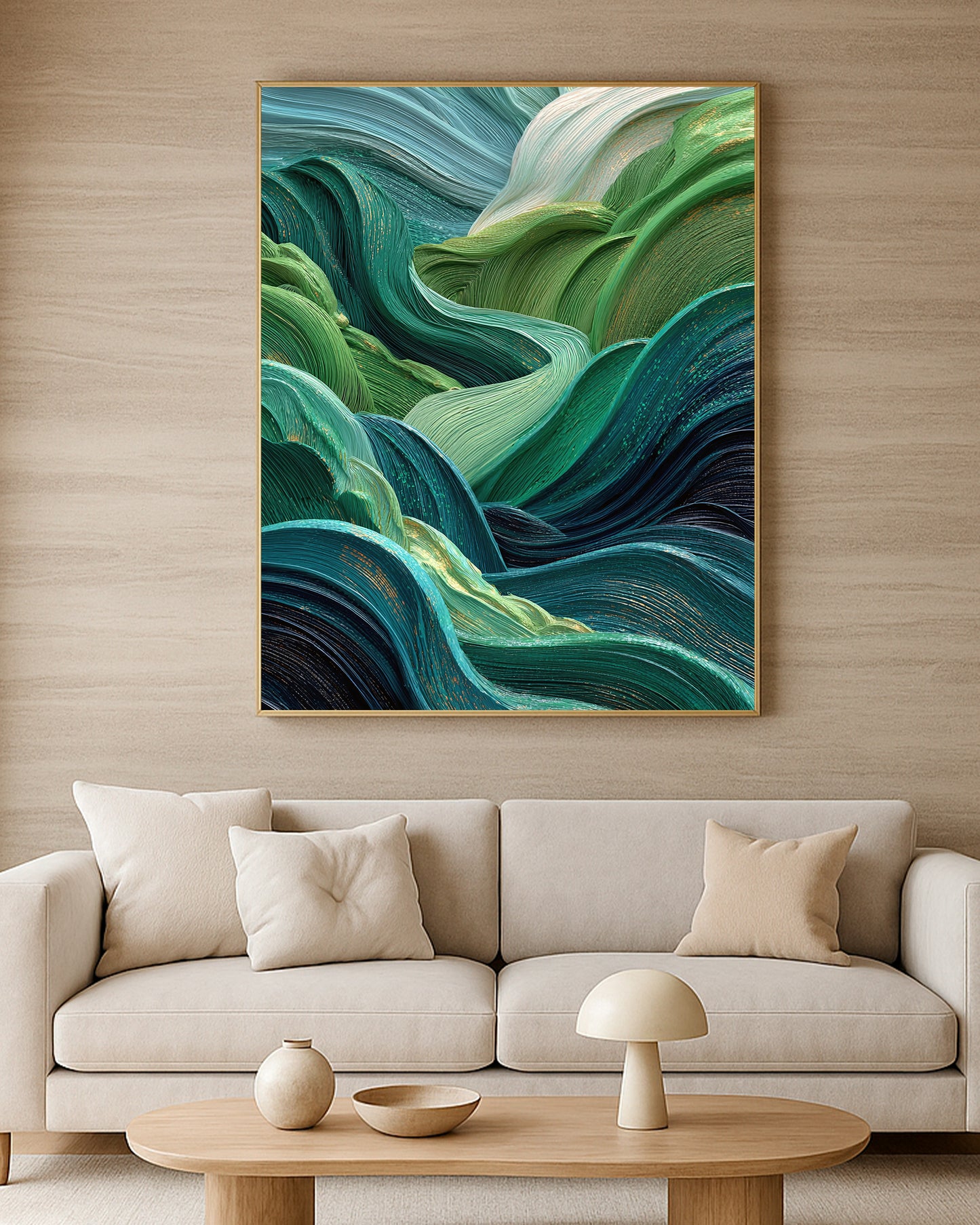 Textured abstract wall art with emerald, teal, aqua, navy, and ivory flowing shapes for modern interiors.