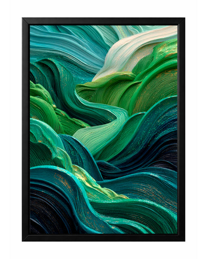 Teal green flowing abstract wall art with emerald, aqua, navy, ivory, and subtle gold textured details.